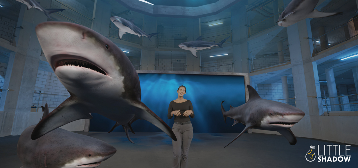 Using live-action footage with CGI for the virtual 360 shark lab allowed the presenter to interact with the sharks in real time Using live-action footage with CGI for the virtual 360 shark lab allowed the presenter to interact with the sharks in real time
